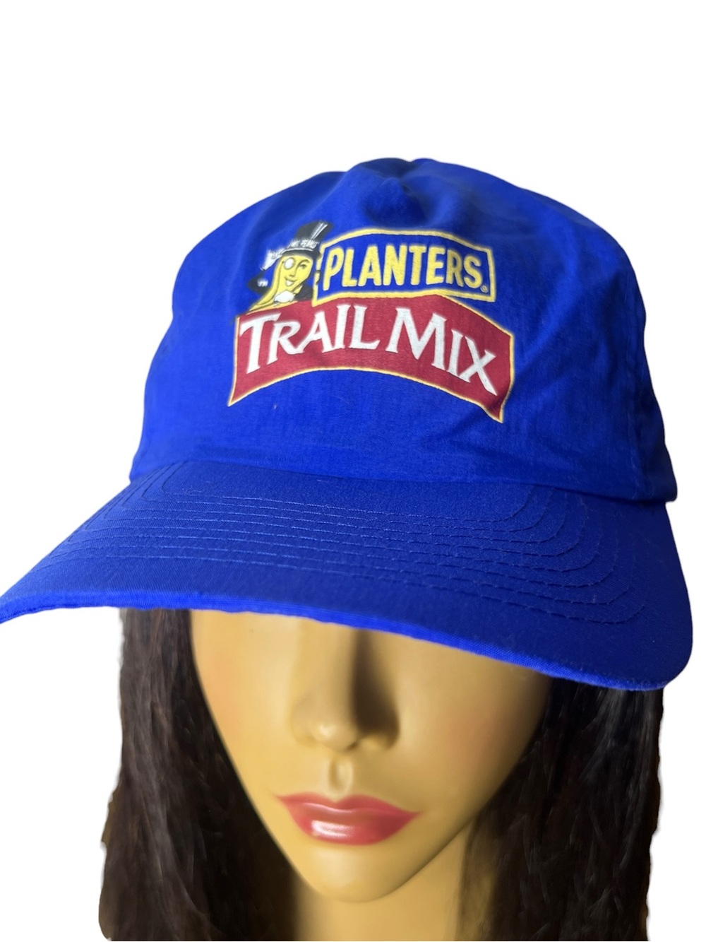 Vintage 90s Planters Trail Mix Mr Peanut Blue Snapback Hat Advertising Cap